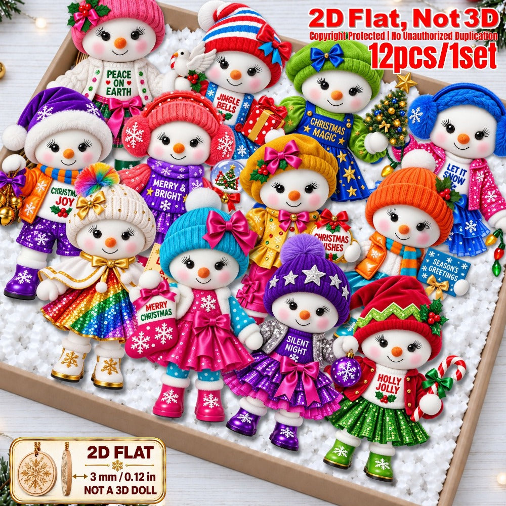 2D Flat 12Pcs Festive Christmas Greetings Quotes Snowman Christmas Wooden Ornaments, Colorful Snowman, Vibrant Xmas Hanging Tree Toppers, Xmas Tree, Wall, Window, Door, Mantel, Porch Decor & Holiday Gift