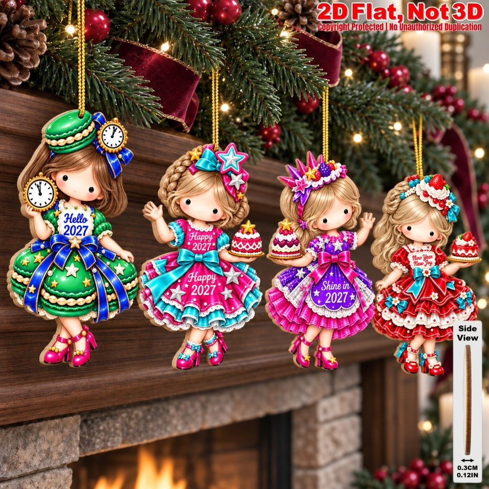 2D Flat 18Pcs New Year Sweet Dessert Girl Wooden Ornaments, 2027 Festive Inspirational Quotes, Vibrant Hanging Tree Toppers, Xmas Tree, Wall, Window, Door, Mantel, Porch Decor & Holiday Gift