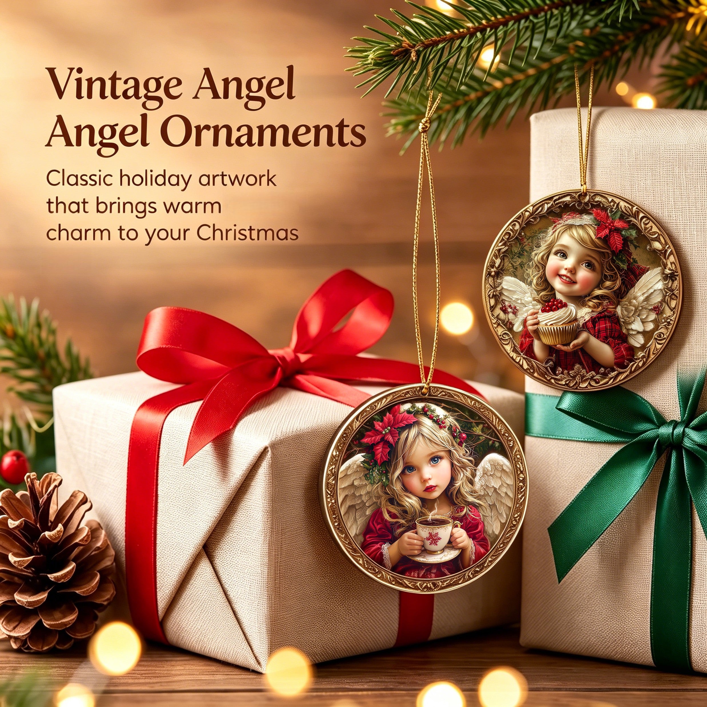 AdornJoy - Vintage Angel – Retro 3mm Wooden Christmas Ornament, 2D Flat Angel Tree Decoration, 15 Piece Sets