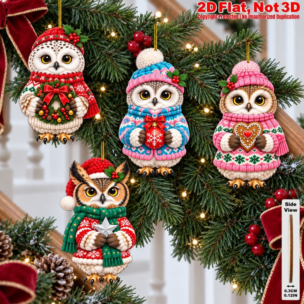2D Flat 18Pcs Christmas Winter Owl Wooden Ornaments, Festive Cozy Outfit Owl Hanging Tree Toppers, Xmas Tree, Wall, Window, Door, Mantel, Porch Decor & Holiday Gift