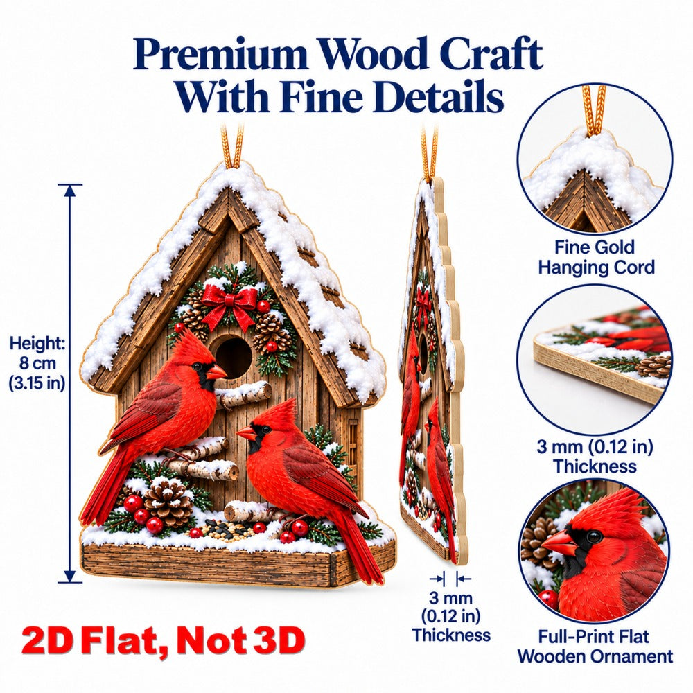 2D Flat 12Pcs Winter Cardinal Bird House Wooden Ornaments, Snowy Cottage Red Cardinal Hanging Tree Toppers, Xmas Tree, Wall, Window, Door, Mantel, Porch Decor & Holiday Gift