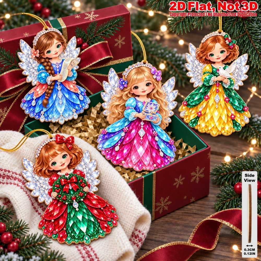 2D Flat 18Pcs Colorful Ornate Crystal Textured Christmas Angel Wooden Ornaments, Gorgeous Winged Angel Hanging Tree Toppers, Xmas Tree, Wall, Window, Door, Mantel, Porch Decor & Holiday Gift