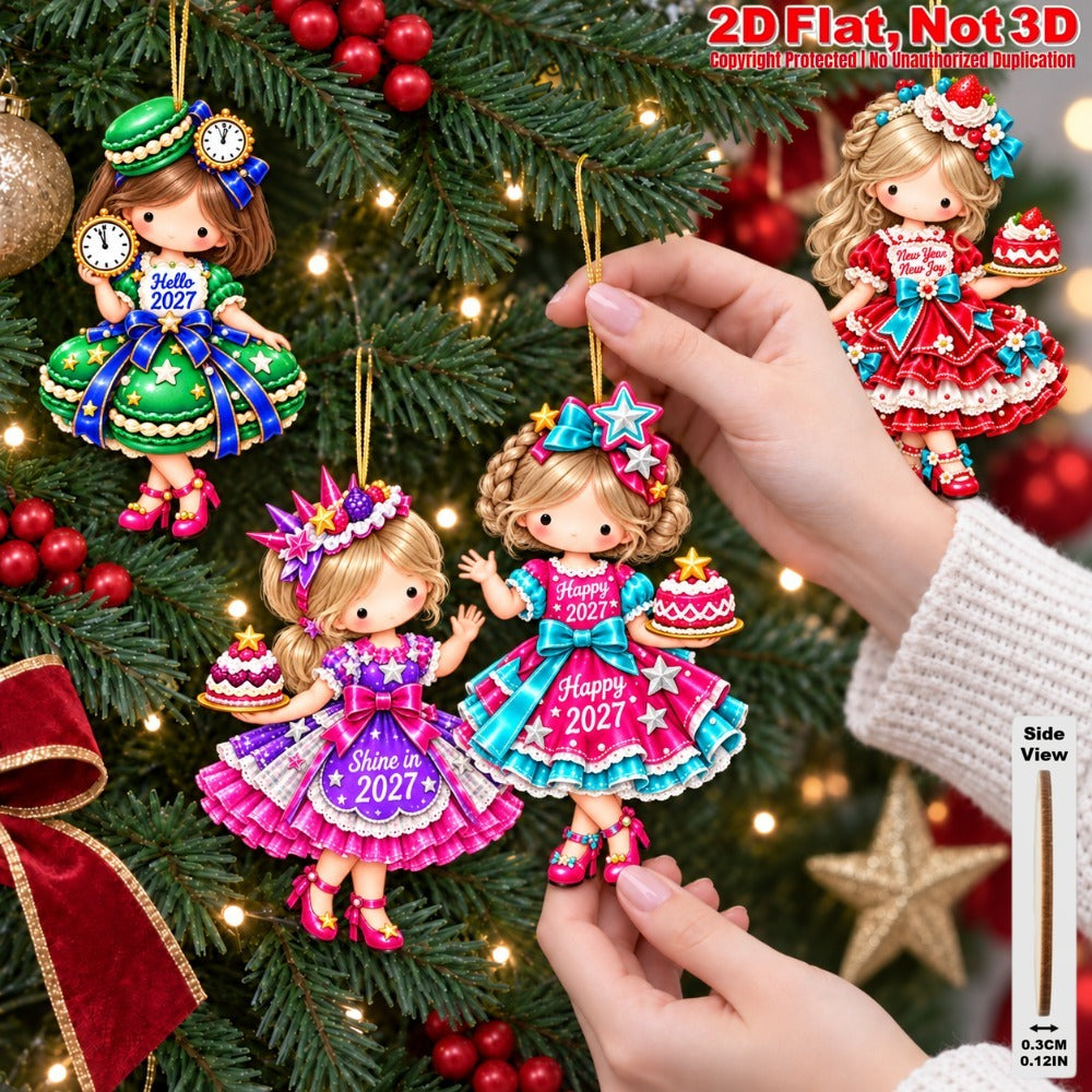 2D Flat 12Pcs New Year Sweet Dessert Girl Wooden Ornaments, 2027 Festive Inspirational Quotes, Vibrant Hanging Tree Toppers, Xmas Tree, Wall, Window, Door, Mantel, Porch Decor & Holiday Gift