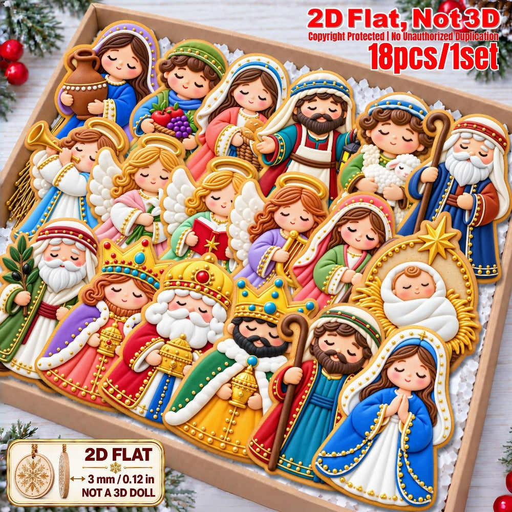 2D Flat 18Pcs Ornate Cookie-Style Nativity Character Wooden Ornaments, Gorgeous Holy Birth Figures Hanging Tree Toppers, Xmas Tree, Wall, Window, Door, Mantel, Porch Decor & Holiday Gift