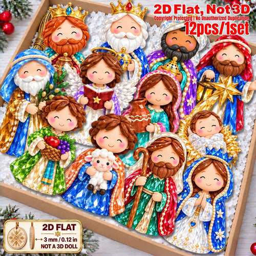 2D Flat 12Pcs Colorful Ornate Crystal Textured Nativity Character Wooden Ornaments, Gorgeous Holy Birth Figures Hanging Tree Toppers, Xmas Tree, Wall, Window, Door, Mantel, Porch Decor & Holiday Gift