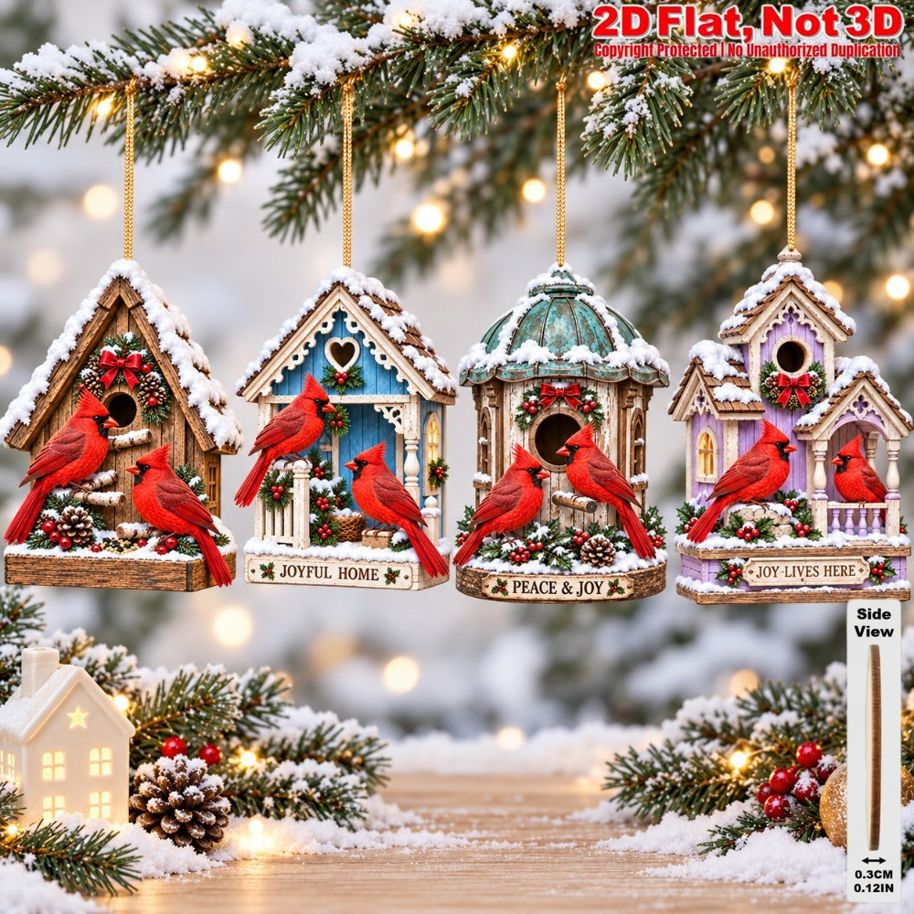 2D Flat 12Pcs Winter Cardinal Bird House Wooden Ornaments, Snowy Cottage Red Cardinal Hanging Tree Toppers, Xmas Tree, Wall, Window, Door, Mantel, Porch Decor & Holiday Gift
