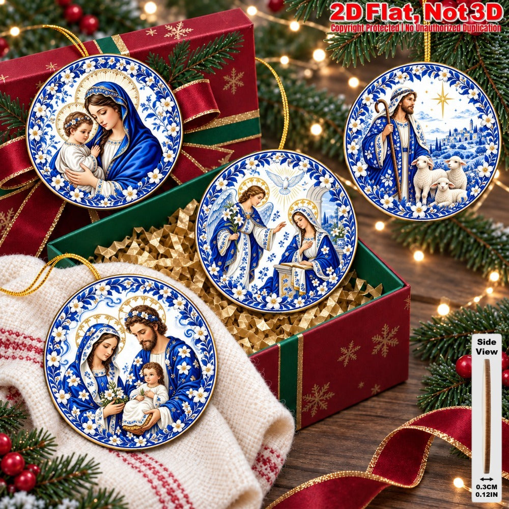 2D Flat 18Pcs Blue White Nativity Scene Wooden Ornaments, Ornate Holy Birth Round Hanging Tree Toppers, Xmas Tree, Wall, Window, Door, Mantel, Porch Decor & Holiday Gift