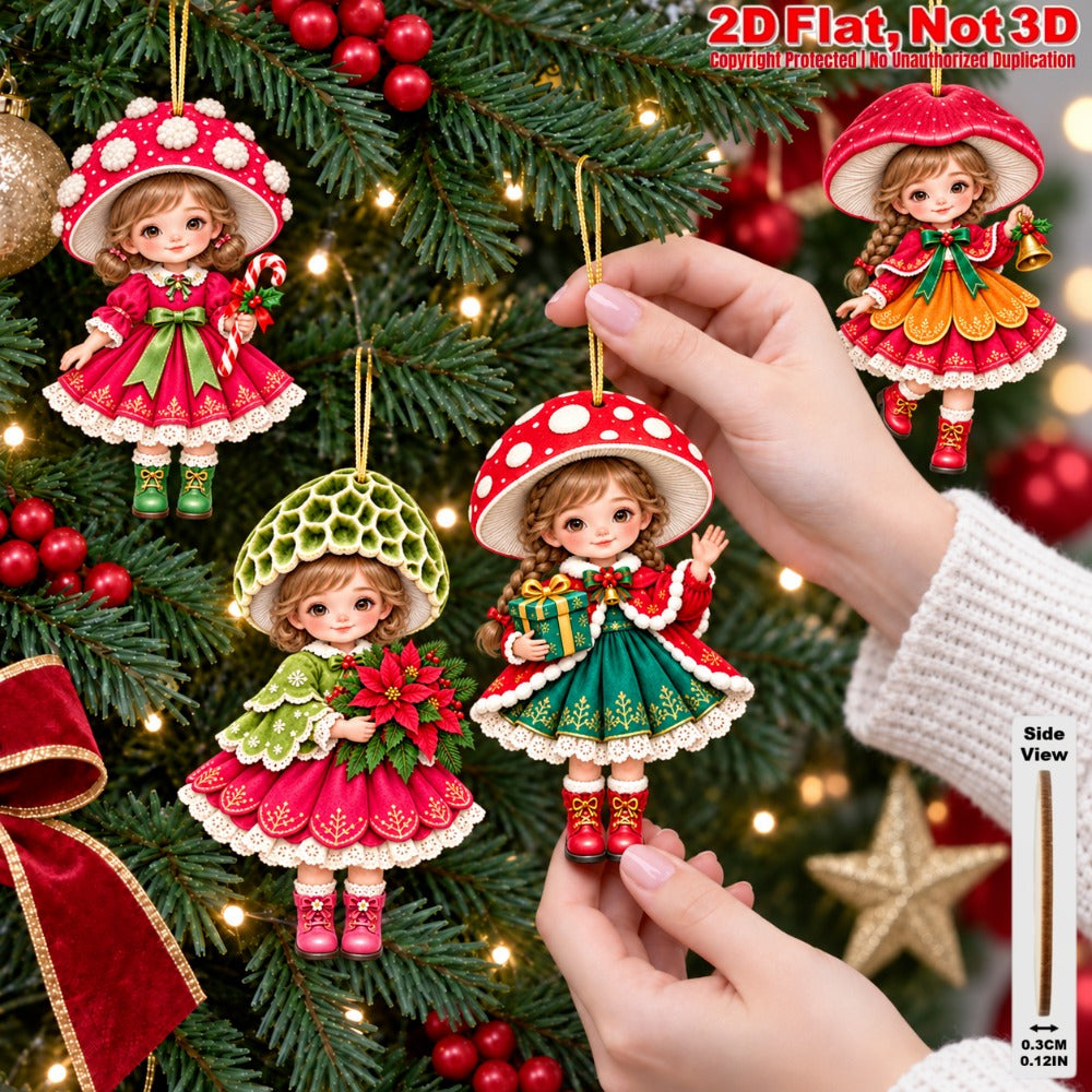2D Flat 12Pcs Christmas Mushroom Hat Girl Wooden Ornaments, Vibrant Xmas Hanging Tree Toppers, Xmas Tree, Wall, Window, Door, Mantel, Porch Decor & Holiday Gift