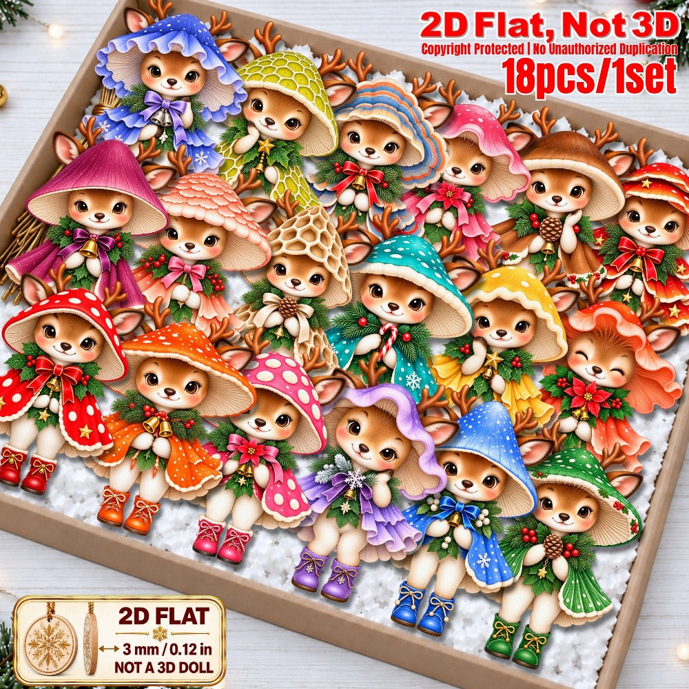 2D Flat 18Pcs Christmas Mushroom Hat Deer Wooden Ornaments, Vibrant Xmas Hanging Tree Toppers, Xmas Tree, Wall, Window, Door, Mantel, Porch Decor & Holiday Gift