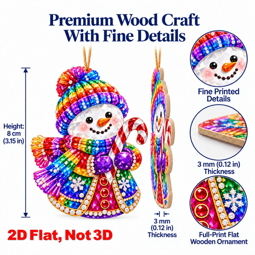 2D Flat 18Pcs Colorful Gem Snowman Christmas Wooden Ornaments, Vibrant Rhinestone Style Snowman Hanging Tree Toppers, Xmas Tree, Wall, Window, Door, Mantel, Porch Decor & Holiday Gift
