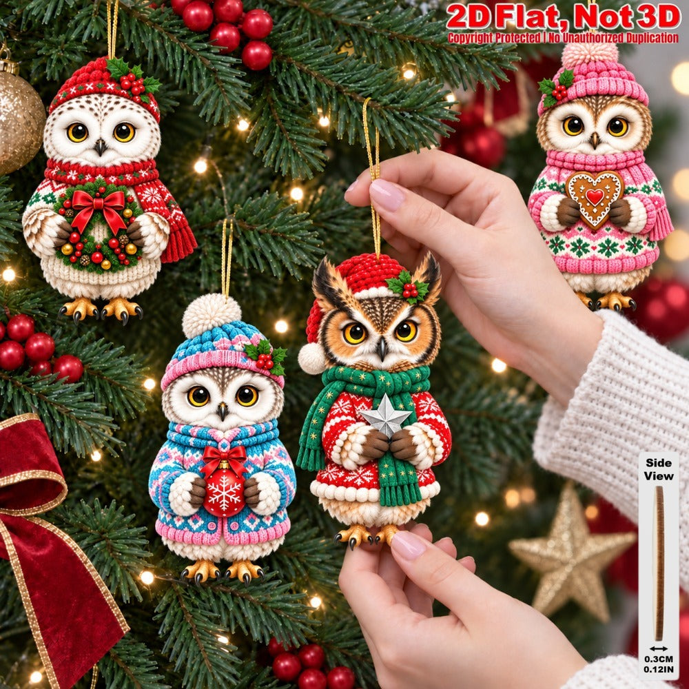 2D Flat 12Pcs Christmas Winter Owl Wooden Ornaments, Festive Cozy Outfit Owl Hanging Tree Toppers, Xmas Tree, Wall, Window, Door, Mantel, Porch Decor & Holiday Gift