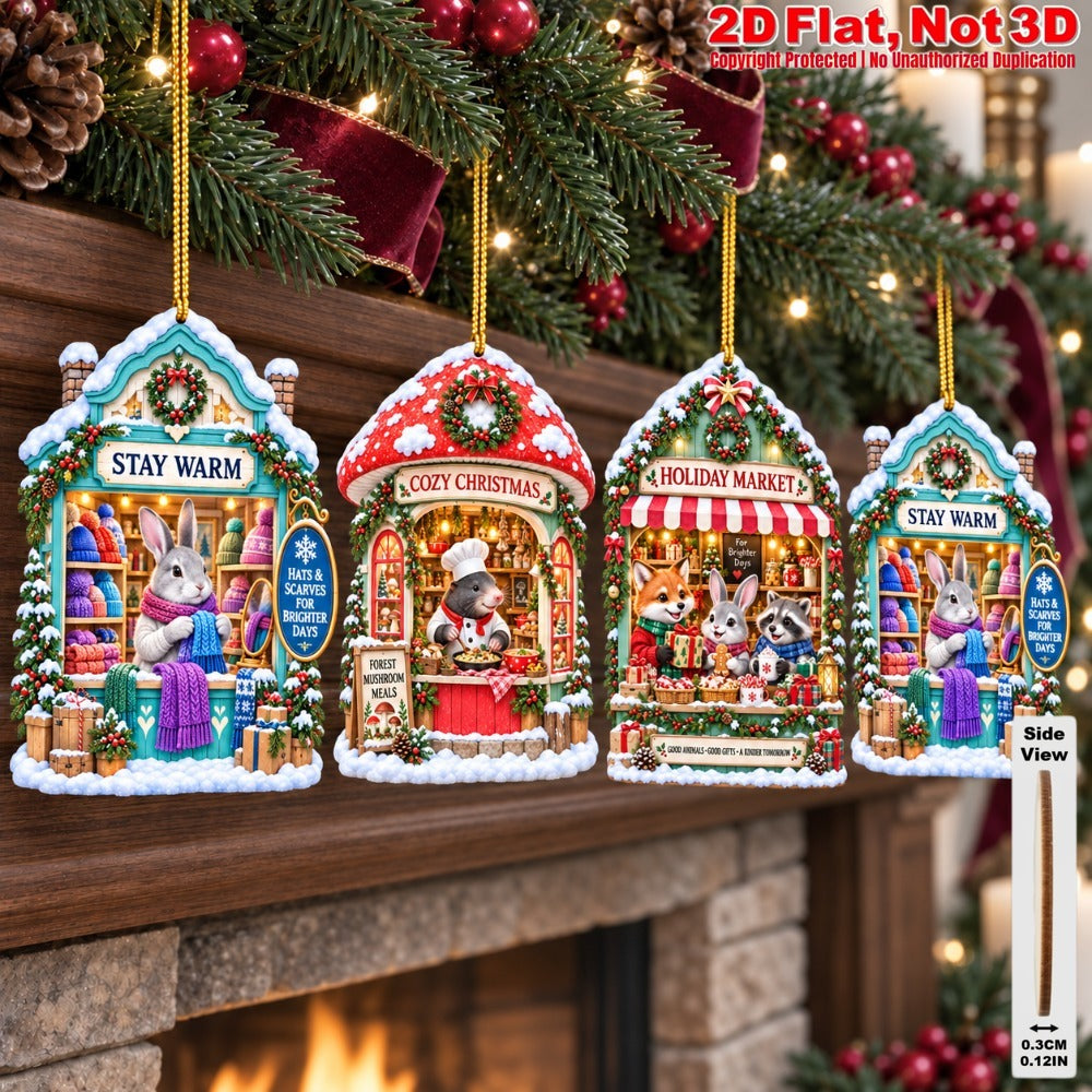 2D Flat 12Pcs Christmas Animal Winter Market Cottage Wooden Ornaments, Snowy Animal Village Shop Hanging Tree Toppers, Xmas Tree, Wall, Window, Door, Mantel, Porch Decor & Holiday Gift