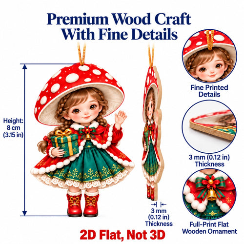2D Flat 12Pcs Christmas Mushroom Hat Girl Wooden Ornaments, Vibrant Xmas Hanging Tree Toppers, Xmas Tree, Wall, Window, Door, Mantel, Porch Decor & Holiday Gift