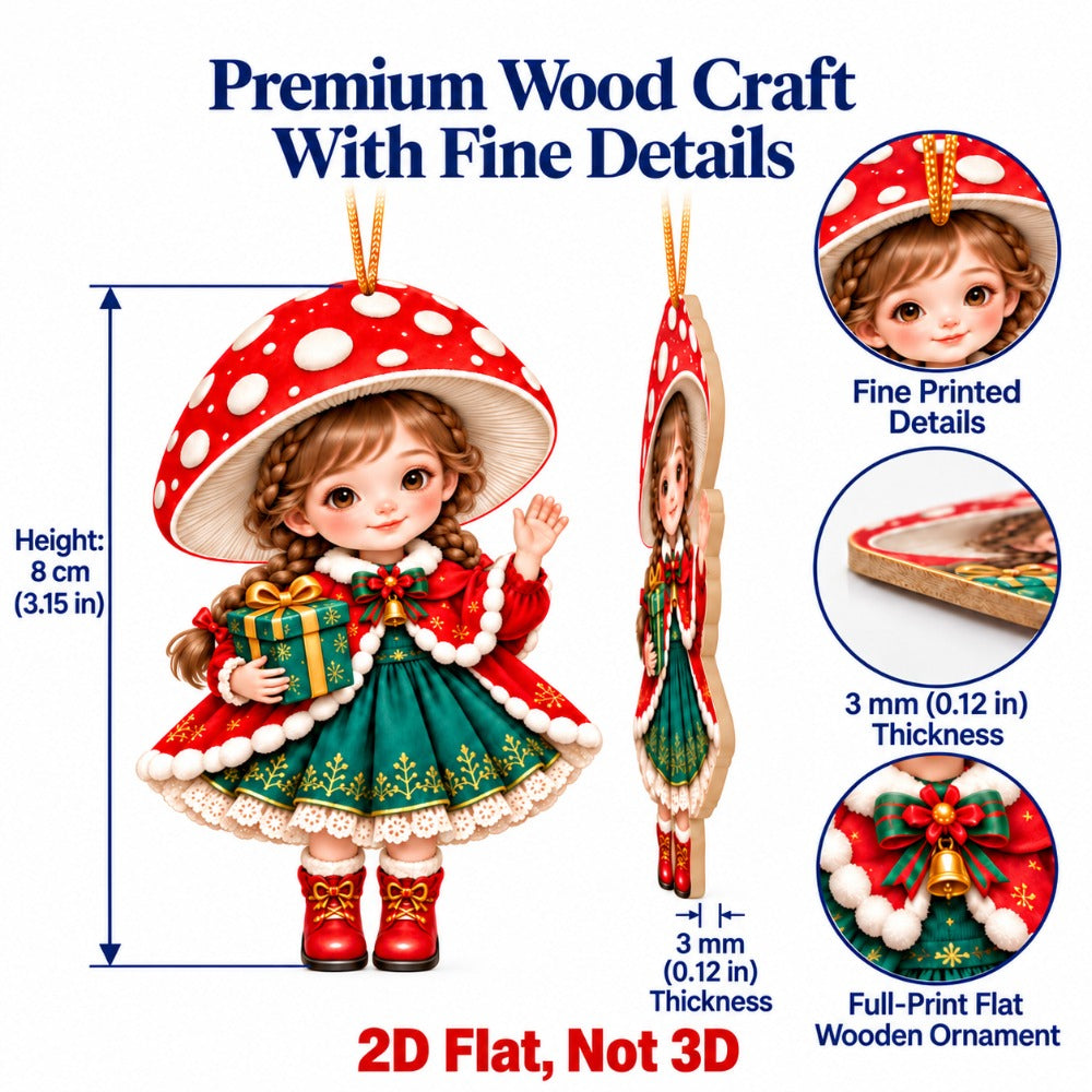 2D Flat 18Pcs Christmas Mushroom Hat Girl Wooden Ornaments, Vibrant Xmas Hanging Tree Toppers, Xmas Tree, Wall, Window, Door, Mantel, Porch Decor & Holiday Gift