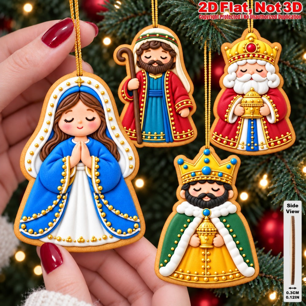 2D Flat 12Pcs Ornate Cookie-Style Nativity Character Wooden Ornaments, Gorgeous Holy Birth Figures Hanging Tree Toppers, Xmas Tree, Wall, Window, Door, Mantel, Porch Decor & Holiday Gift