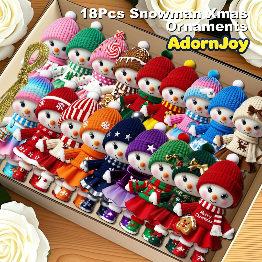 AdornJoy - Vibrant Snowman – Colorful 3mm Wooden Christmas Ornament, 2D Flat Snowman Tree Decoration, 18 Piece Sets