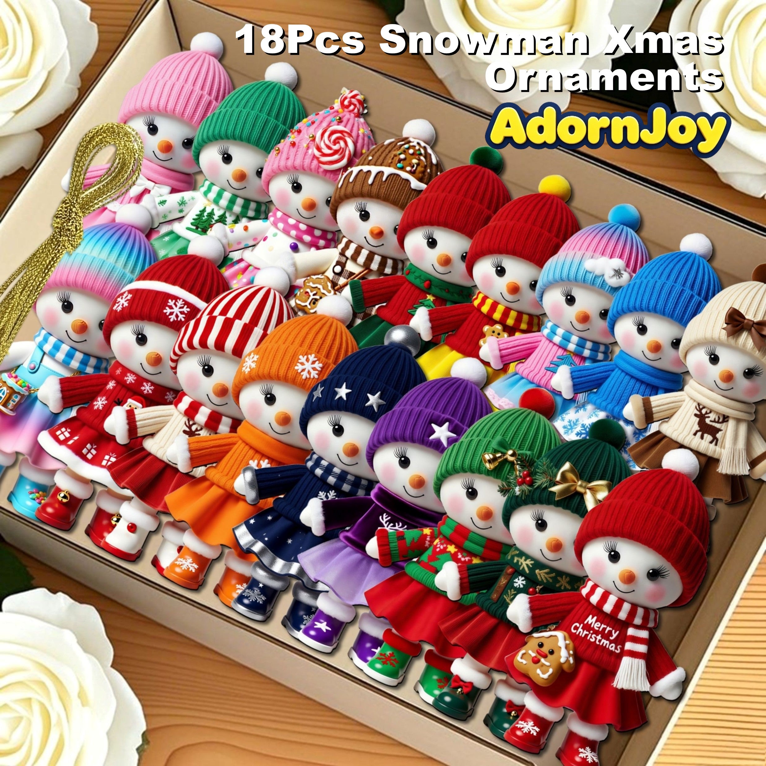 AdornJoy - Vibrant Snowman – Colorful 3mm Wooden Christmas Ornament, 2D Flat Snowman Tree Decoration, 18 Piece Sets