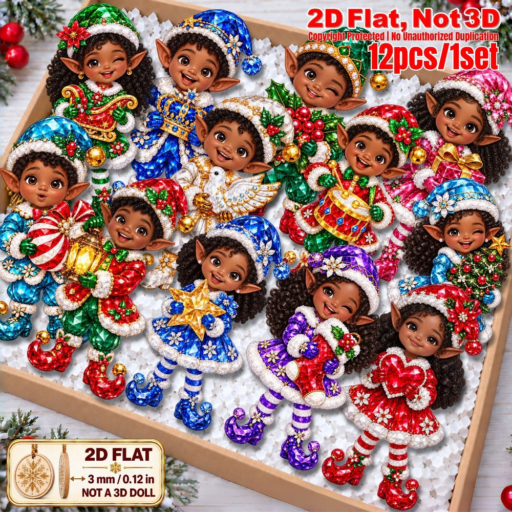 2D Flat 12Pcs Colorful Ornate Ethnic Christmas Elf Wooden Ornaments, Gorgeous Black Elf Hanging Tree Toppers, Xmas Tree, Wall, Window, Door, Mantel, Porch Decor & Holiday Gift