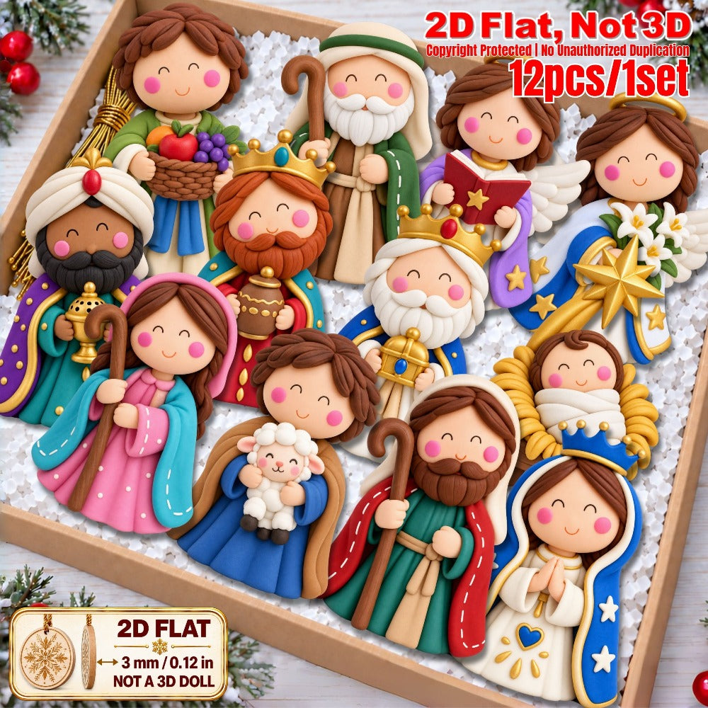 2D Flat 12Pcs Ornate Clay-Style Nativity Scene Wooden Ornaments, Gorgeous Holy Birth Character Hanging Tree Toppers, Xmas Tree, Wall, Window, Door, Mantel, Porch Decor & Holiday Gift