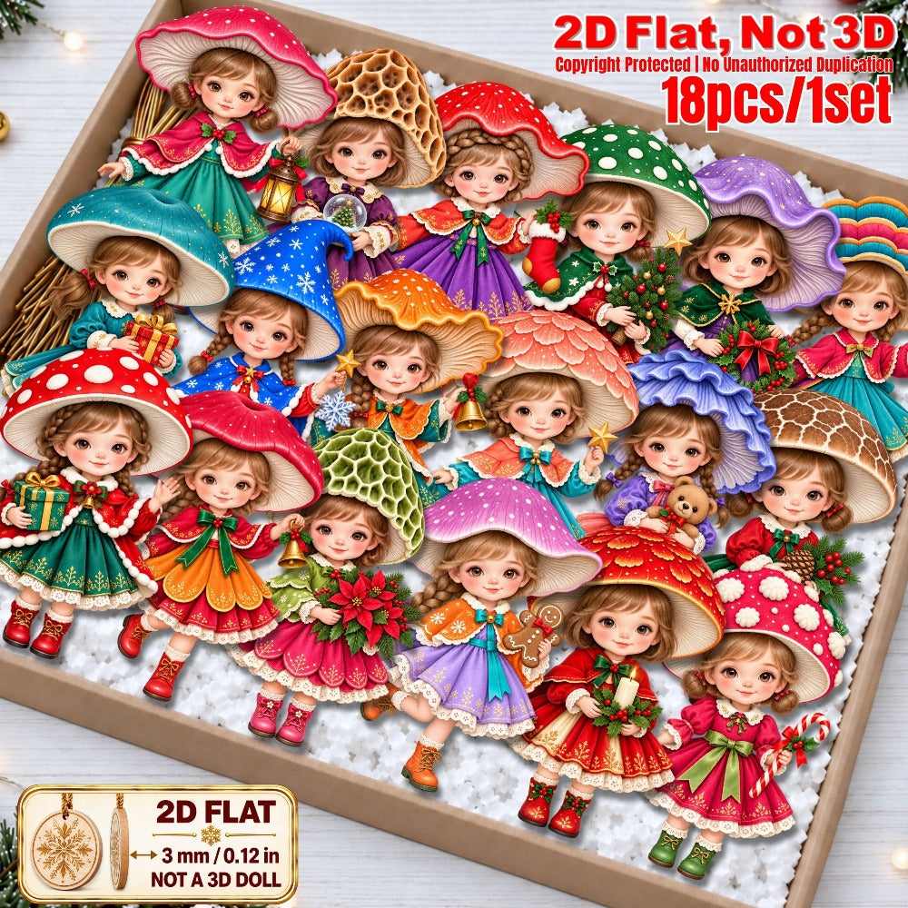 2D Flat 18Pcs Christmas Mushroom Hat Girl Wooden Ornaments, Vibrant Xmas Hanging Tree Toppers, Xmas Tree, Wall, Window, Door, Mantel, Porch Decor & Holiday Gift
