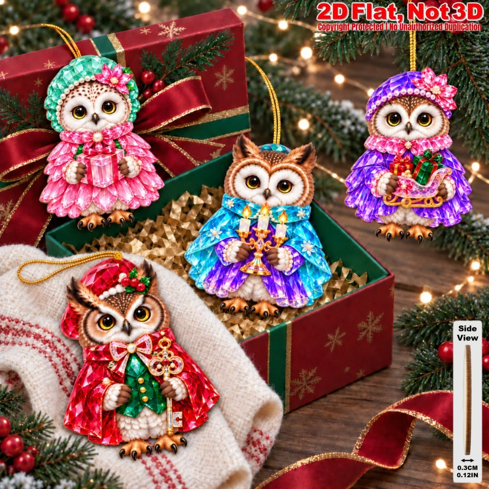 2D Flat 12Pcs Colorful Ornate Christmas Owl Wooden Ornaments, Gorgeous Owl Hanging Tree Toppers, Xmas Tree, Wall, Window, Door, Mantel, Porch Decor & Holiday Gift