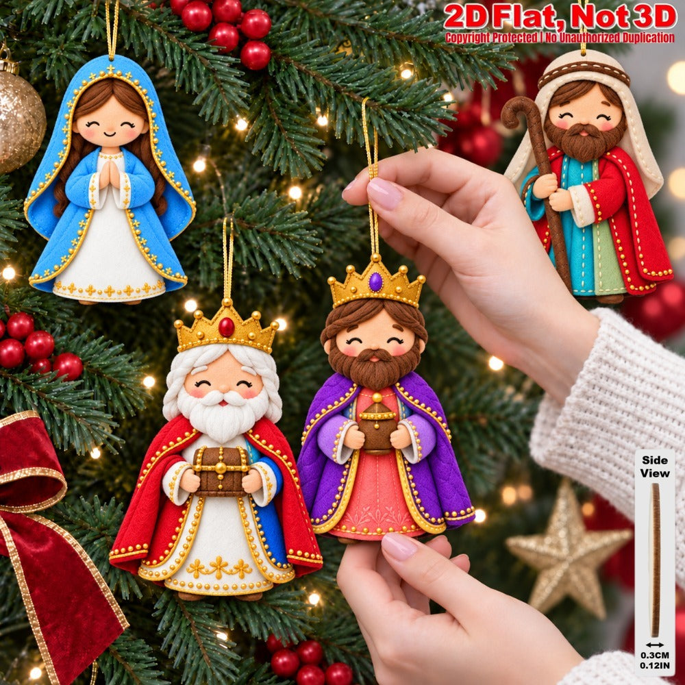 2D Flat 18Pcs Ornate Felt-Style Nativity Character Wooden Ornaments, Gorgeous Holy Birth Figures Hanging Tree Toppers, Xmas Tree, Wall, Window, Door, Mantel, Porch Decor & Holiday Gift