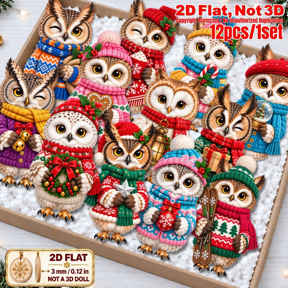 2D Flat 12Pcs Christmas Winter Owl Wooden Ornaments, Festive Cozy Outfit Owl Hanging Tree Toppers, Xmas Tree, Wall, Window, Door, Mantel, Porch Decor & Holiday Gift