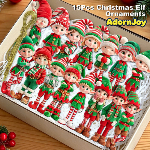 AdornJoy - Vibrant Elf – Colorful 3mm Wooden Christmas Ornament, 2D Flat Elf Tree Decoration, 15 Piece Sets