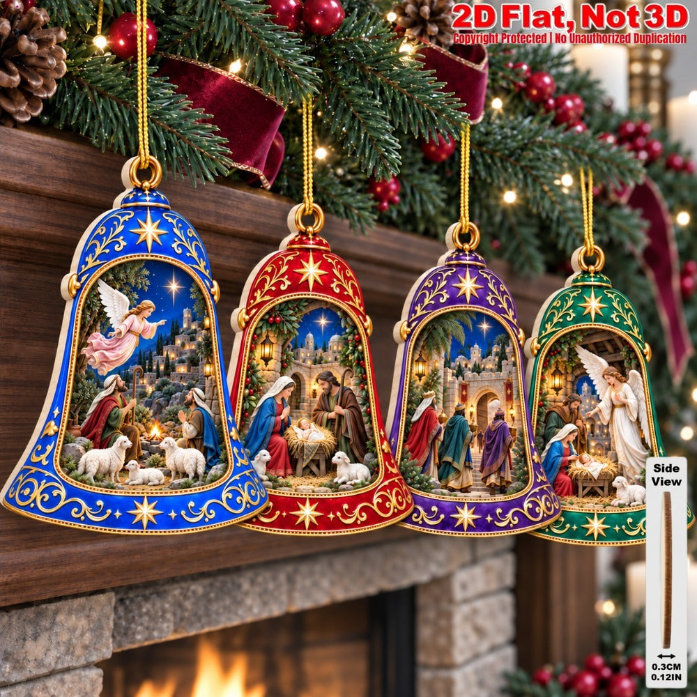 2D Flat 18Pcs Ornate Bell Shaped Nativity Scene Wooden Ornaments, Gorgeous Vintage Holy Birth Bell Hanging Tree Toppers, Xmas Tree, Wall, Window, Door, Mantel, Porch Decor & Holiday Gift