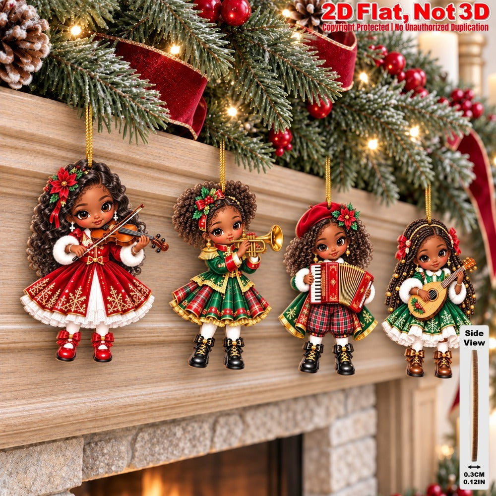 AdornJoy 18 Pcs African American Christmas Musician Ornament Sets - 3mm Festive Band 2D Flat Wooden Christmas Tree Ornaments