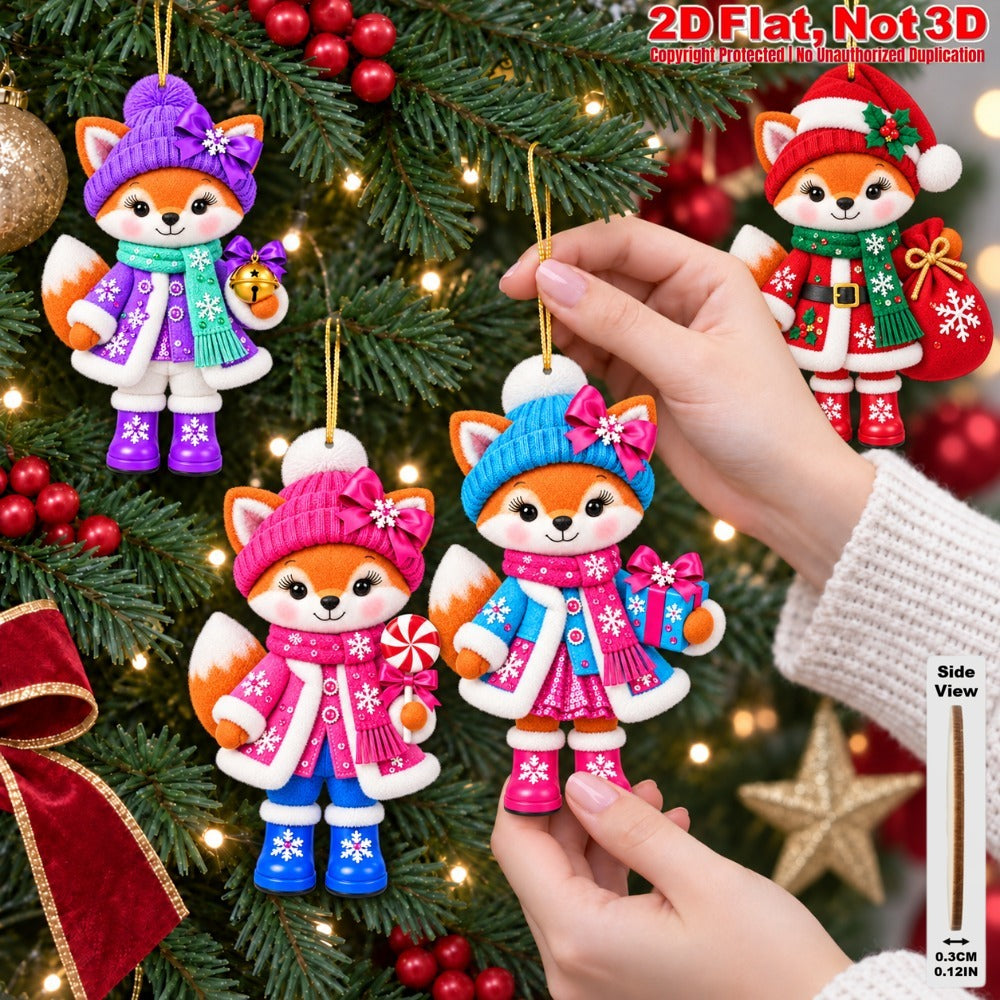 2D Flat 18Pcs Colorful Ornate Christmas Fox Wooden Ornaments, Gorgeous Fox Hanging Tree Toppers, Xmas Tree, Wall, Window, Door, Mantel, Porch Decor & Holiday Gift
