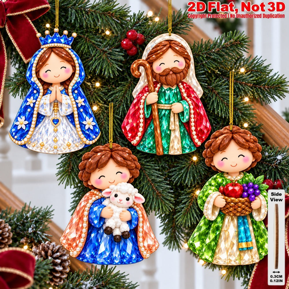 2D Flat 18Pcs Colorful Ornate Crystal Textured Nativity Character Wooden Ornaments, Gorgeous Holy Birth Figures Hanging Tree Toppers, Xmas Tree, Wall, Window, Door, Mantel, Porch Decor & Holiday Gift