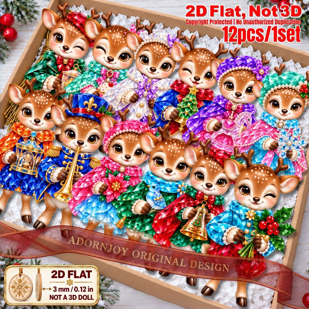 2D Flat 12Pcs Colorful Ornate Christmas Reindeer Wooden Ornaments, Gorgeous Reindeer Hanging Tree Toppers, Xmas Tree, Wall, Window, Door, Mantel, Porch Decor & Holiday Gift