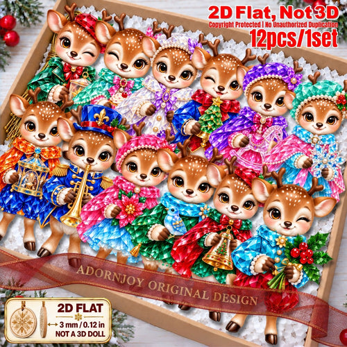 2D Flat 12Pcs Colorful Ornate Christmas Reindeer Wooden Ornaments, Gorgeous Reindeer Hanging Tree Toppers, Xmas Tree, Wall, Window, Door, Mantel, Porch Decor & Holiday Gift
