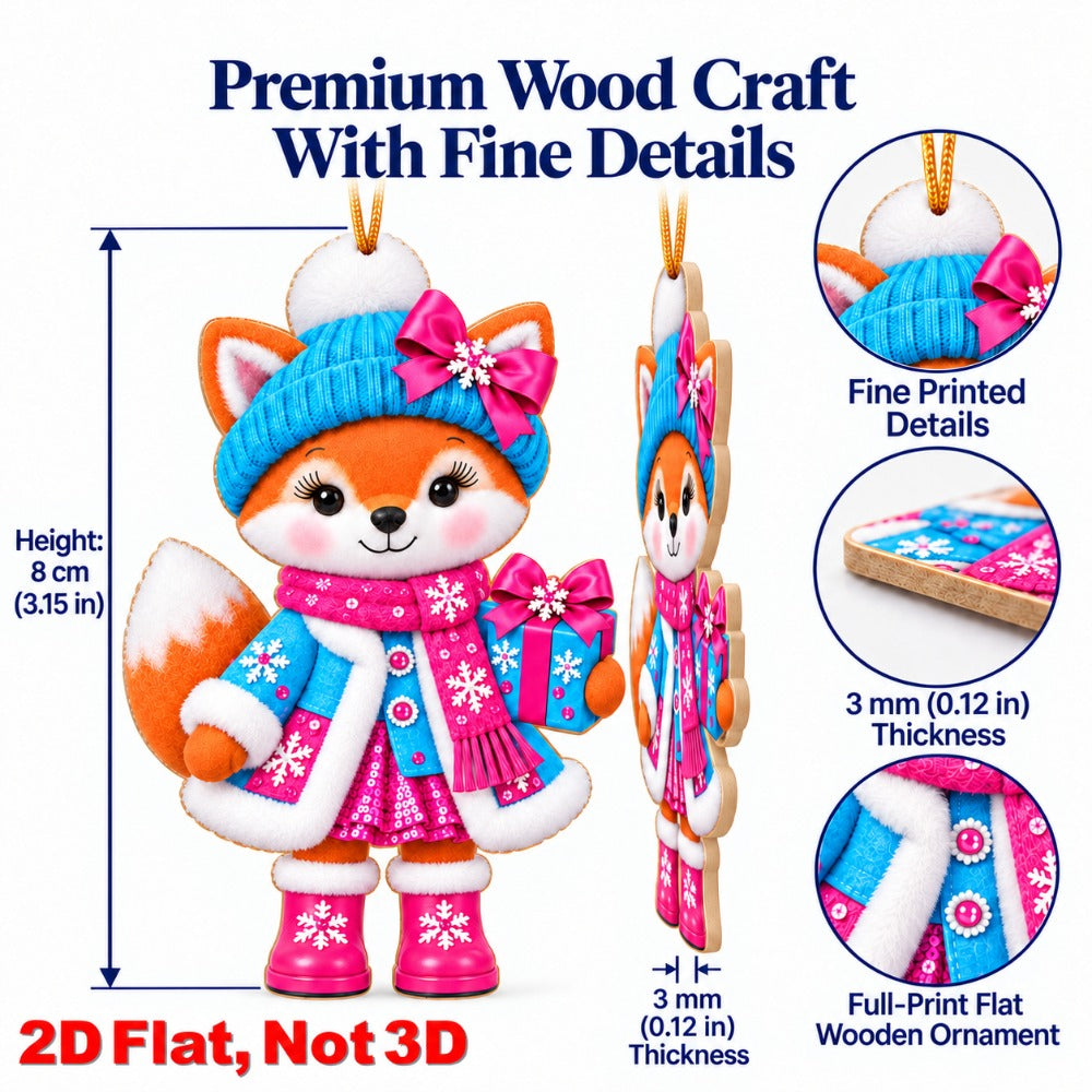 2D Flat 12Pcs Colorful Ornate Christmas Fox Wooden Ornaments, Gorgeous Fox Hanging Tree Toppers, Xmas Tree, Wall, Window, Door, Mantel, Porch Decor & Holiday Gift