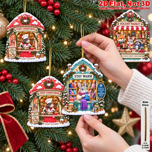 2D Flat 12Pcs Christmas Animal Winter Market Cottage Wooden Ornaments, Snowy Animal Village Shop Hanging Tree Toppers, Xmas Tree, Wall, Window, Door, Mantel, Porch Decor & Holiday Gift