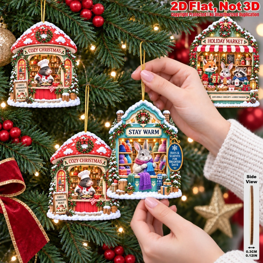 2D Flat 18Pcs Christmas Animal Winter Market Cottage Wooden Ornaments, Snowy Animal Village Shop Hanging Tree Toppers, Xmas Tree, Wall, Window, Door, Mantel, Porch Decor & Holiday Gift