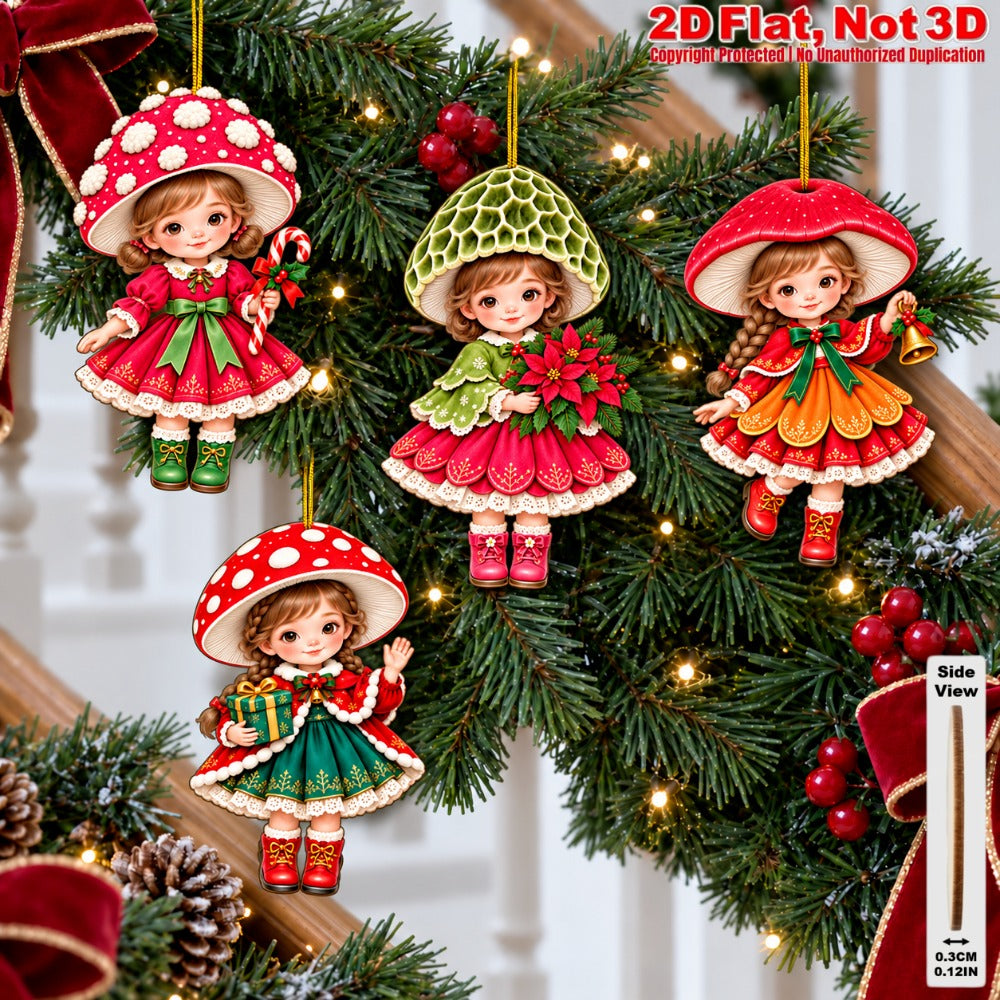 2D Flat 12Pcs Christmas Mushroom Hat Girl Wooden Ornaments, Vibrant Xmas Hanging Tree Toppers, Xmas Tree, Wall, Window, Door, Mantel, Porch Decor & Holiday Gift