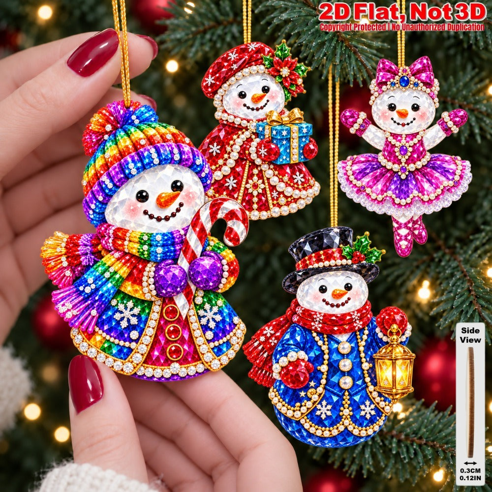 2D Flat 12Pcs Colorful Gem Snowman Christmas Wooden Ornaments, Vibrant Rhinestone Style Snowman Hanging Tree Toppers, Xmas Tree, Wall, Window, Door, Mantel, Porch Decor & Holiday Gift