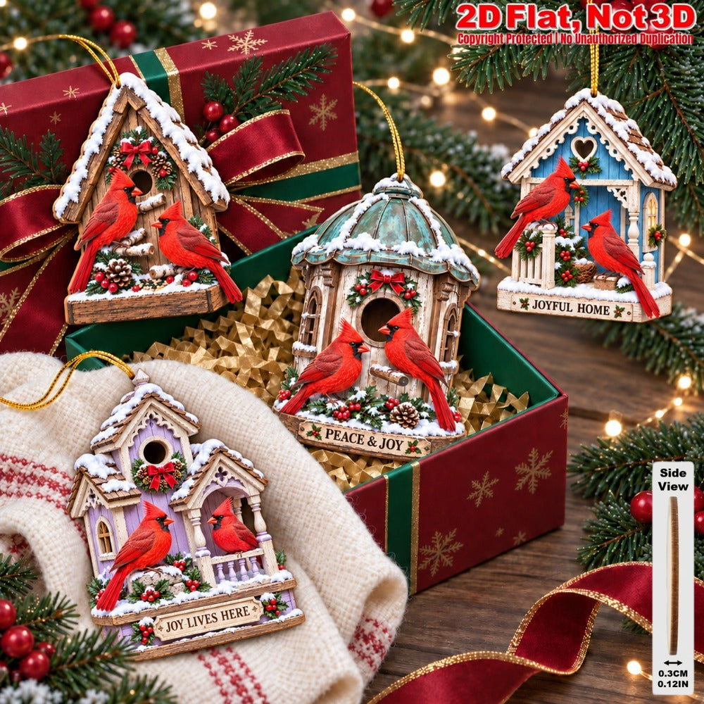 2D Flat 12Pcs Winter Cardinal Bird House Wooden Ornaments, Snowy Cottage Red Cardinal Hanging Tree Toppers, Xmas Tree, Wall, Window, Door, Mantel, Porch Decor & Holiday Gift