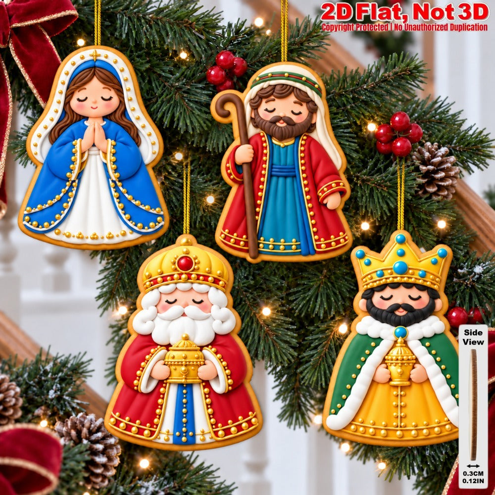 2D Flat 12Pcs Ornate Cookie-Style Nativity Character Wooden Ornaments, Gorgeous Holy Birth Figures Hanging Tree Toppers, Xmas Tree, Wall, Window, Door, Mantel, Porch Decor & Holiday Gift