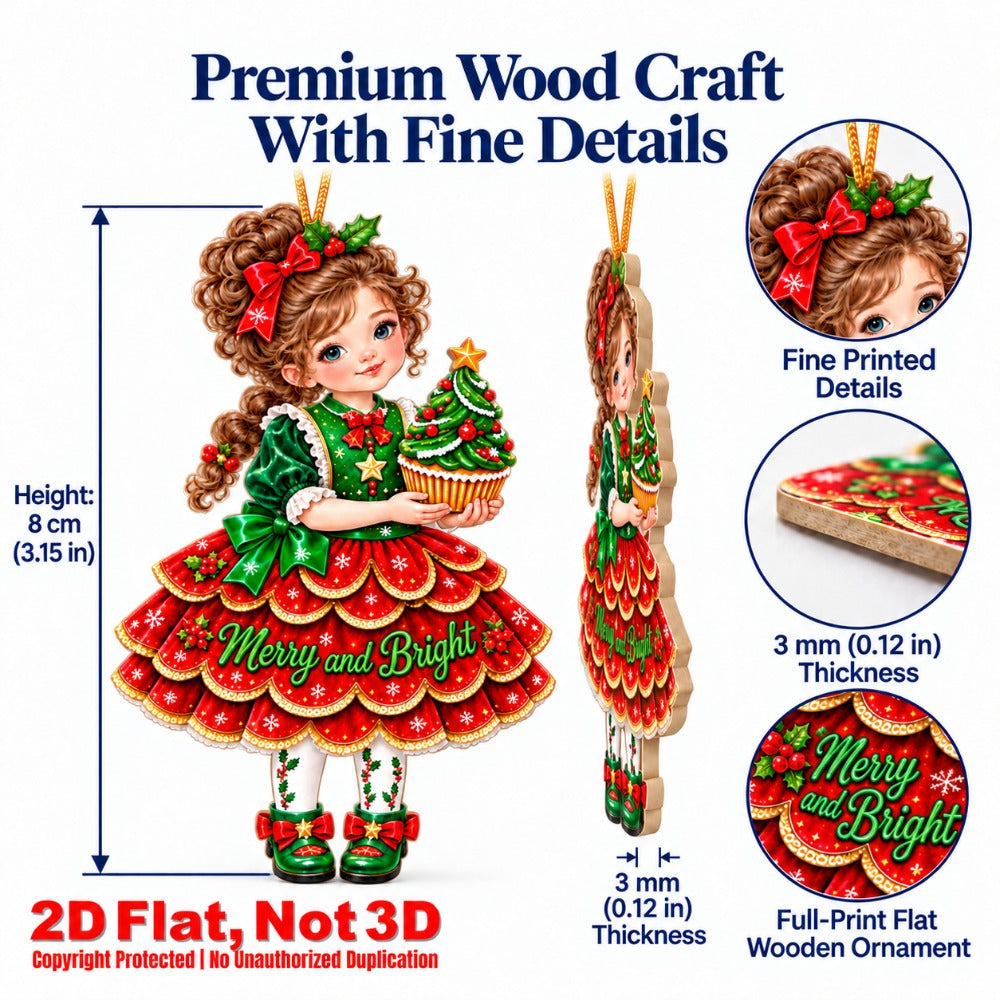 2D Flat 12Pcs Christmas Holiday Girl Wooden Ornaments, Girl with Festive Christmas Greetings Quotes, Vibrant Xmas Hanging Tree Toppers, Xmas Tree, Wall, Window, Door, Mantel, Porch Decor & Holiday Gift