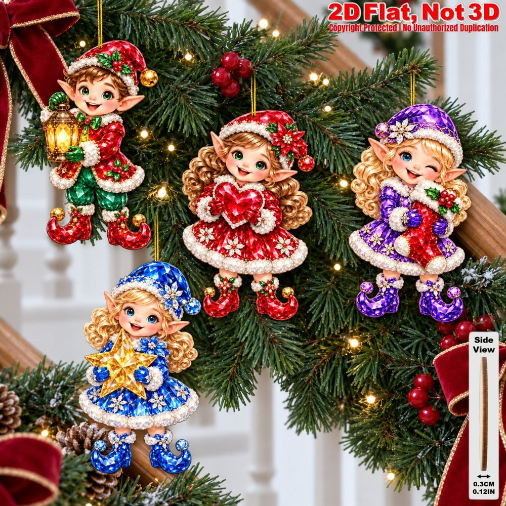 2D Flat 12Pcs Colorful Gem Style Christmas Elf Wooden Ornaments, Vibrant Elf Hanging Tree Toppers, Xmas Tree, Wall, Window, Door, Mantel, Porch Decor & Holiday Gift