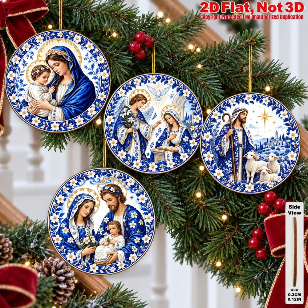 2D Flat 15Pcs Blue White Nativity Scene Wooden Ornaments, Ornate Holy Birth Round Hanging Tree Toppers, Xmas Tree, Wall, Window, Door, Mantel, Porch Decor & Holiday Gift