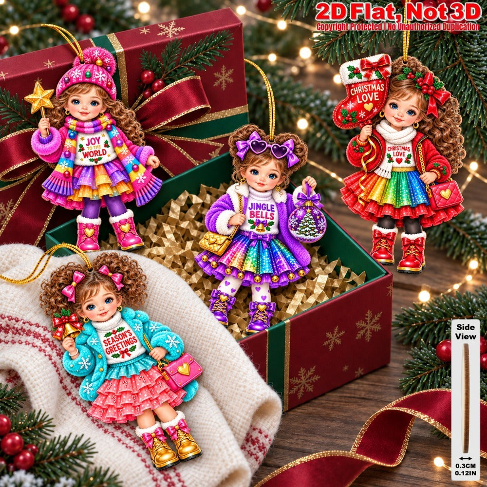 2D Flat 18Pcs Colorful Winter Christmas Girl Wooden Ornaments, Girl with Festive Christmas Greetings Quotes, Vibrant Xmas Hanging Tree Toppers, Xmas Tree, Wall, Window, Door, Mantel, Porch Decor & Holiday Gift