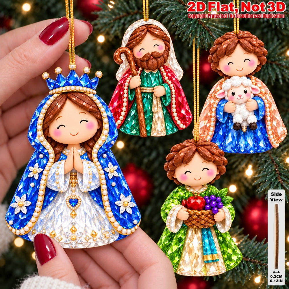 2D Flat 12Pcs Colorful Ornate Crystal Textured Nativity Character Wooden Ornaments, Gorgeous Holy Birth Figures Hanging Tree Toppers, Xmas Tree, Wall, Window, Door, Mantel, Porch Decor & Holiday Gift