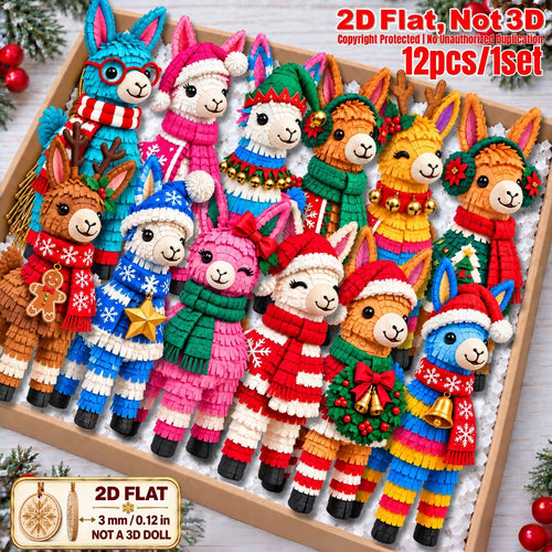 2D Flat 12Pcs Christmas Colorful Knitted Style Llama Wooden Ornaments, Vibrant Xmas Hanging Tree Toppers, Xmas Tree, Wall, Window, Door, Mantel, Porch Decor & Holiday Gift