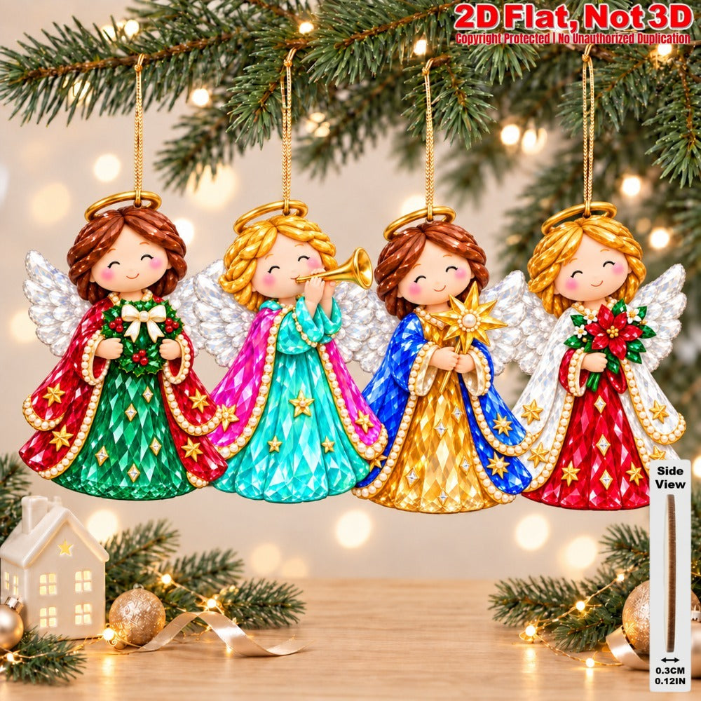 2D Flat 18Pcs Colorful Ornate Crystal Textured Christmas Angel Wooden Ornaments, Gorgeous Winged Angel Hanging Tree Toppers, Xmas Tree, Wall, Window, Door, Mantel, Porch Decor & Holiday Gift