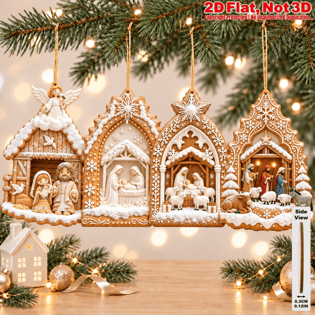 2D Flat 18Pcs Ornate Gingerbread Shaped Nativity Scene Wooden Ornaments, Snowy Holy Birth Hanging Tree Toppers, Xmas Tree, Wall, Window, Door, Mantel, Porch Decor & Holiday Gift
