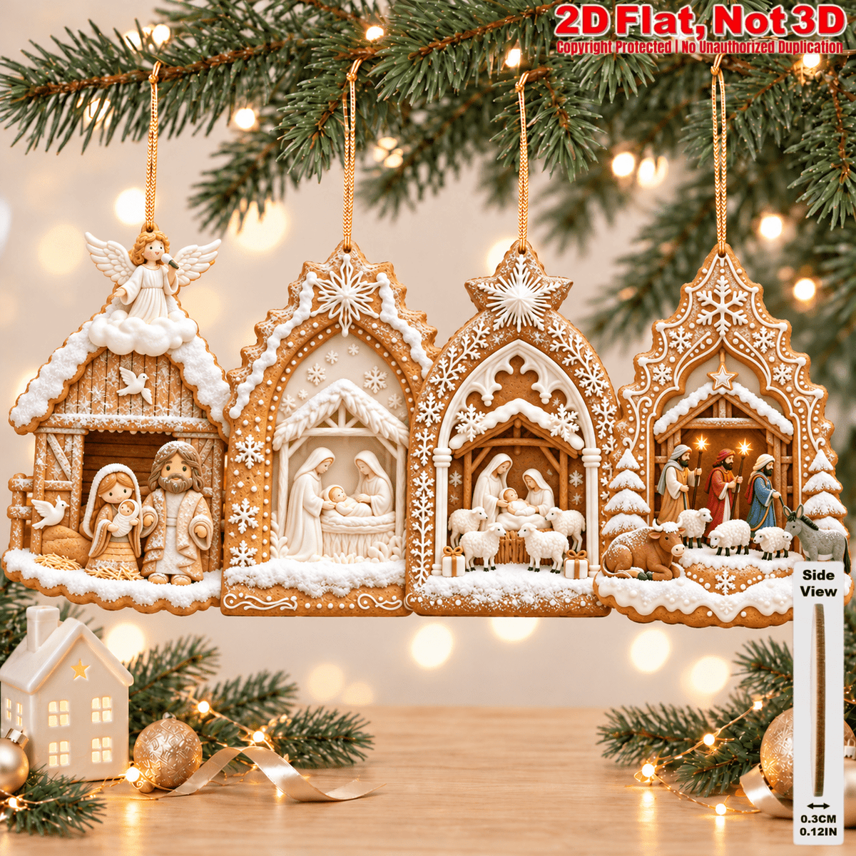 2D Flat 18Pcs Ornate Gingerbread Shaped Nativity Scene Wooden Ornaments, Snowy Holy Birth Hanging Tree Toppers, Xmas Tree, Wall, Window, Door, Mantel, Porch Decor & Holiday Gift